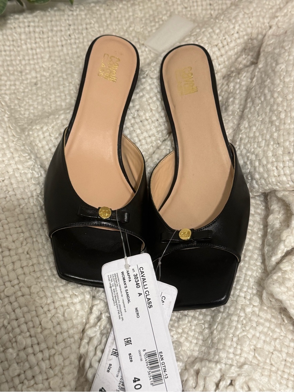 Cavalli Class Black Leather Open-Toe Slide Mules with Bow and Gold Accent
